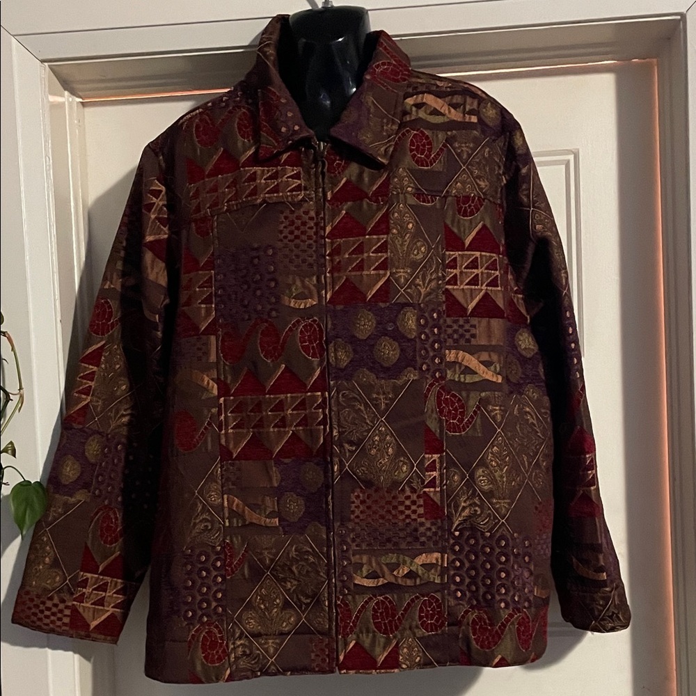 CJ Banks Burgundy and Gold Patterned Jacket